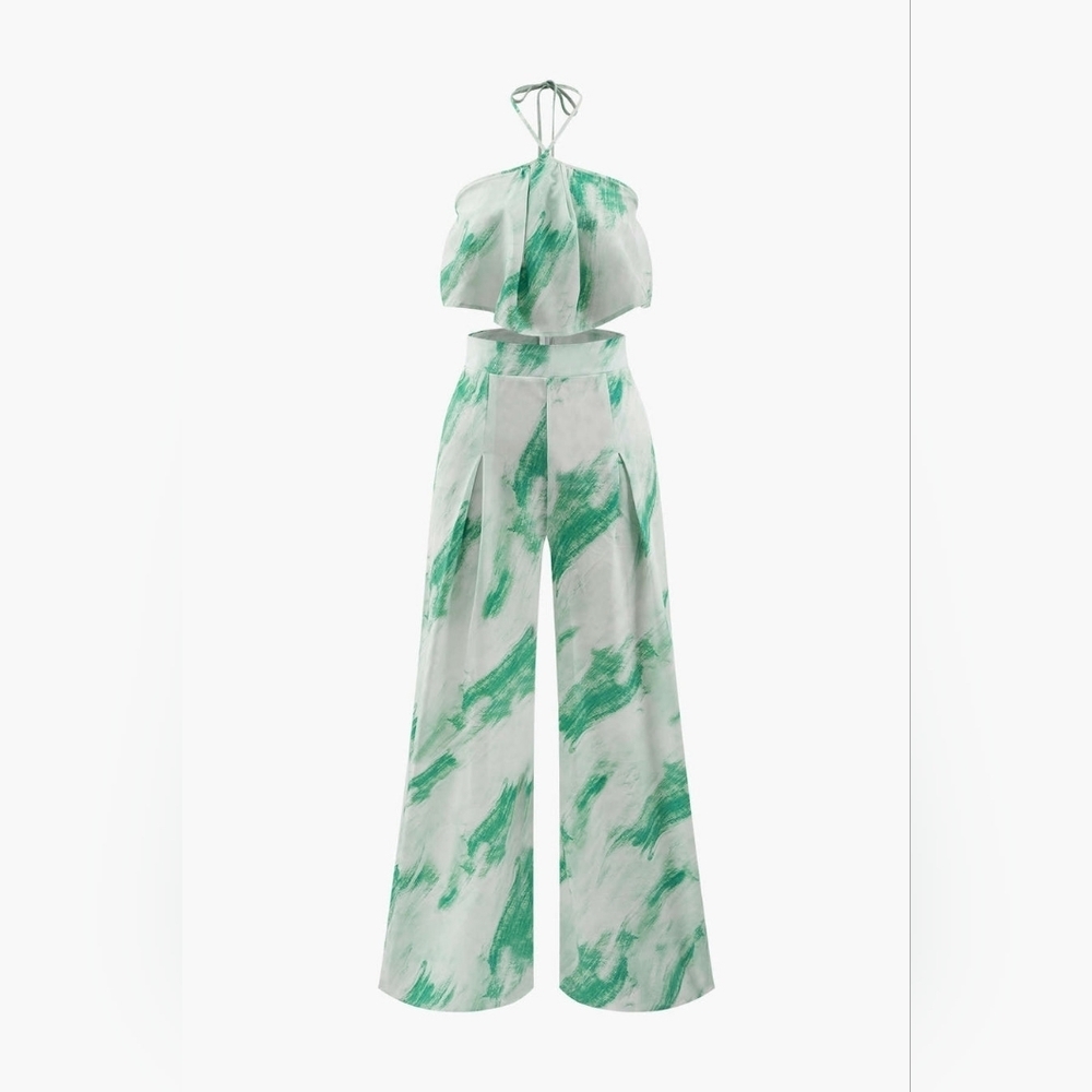 Tie Dye Halter Top And Pleated Wide Leg Pants Set